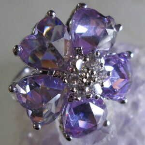 Lilac Heart Shaped CZ petals Flower Cocktail ring